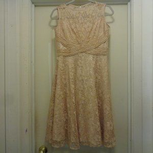 QUIET LUXURY LACEY BEIGE GILT COCKTAIL TAHARI DRESS 8